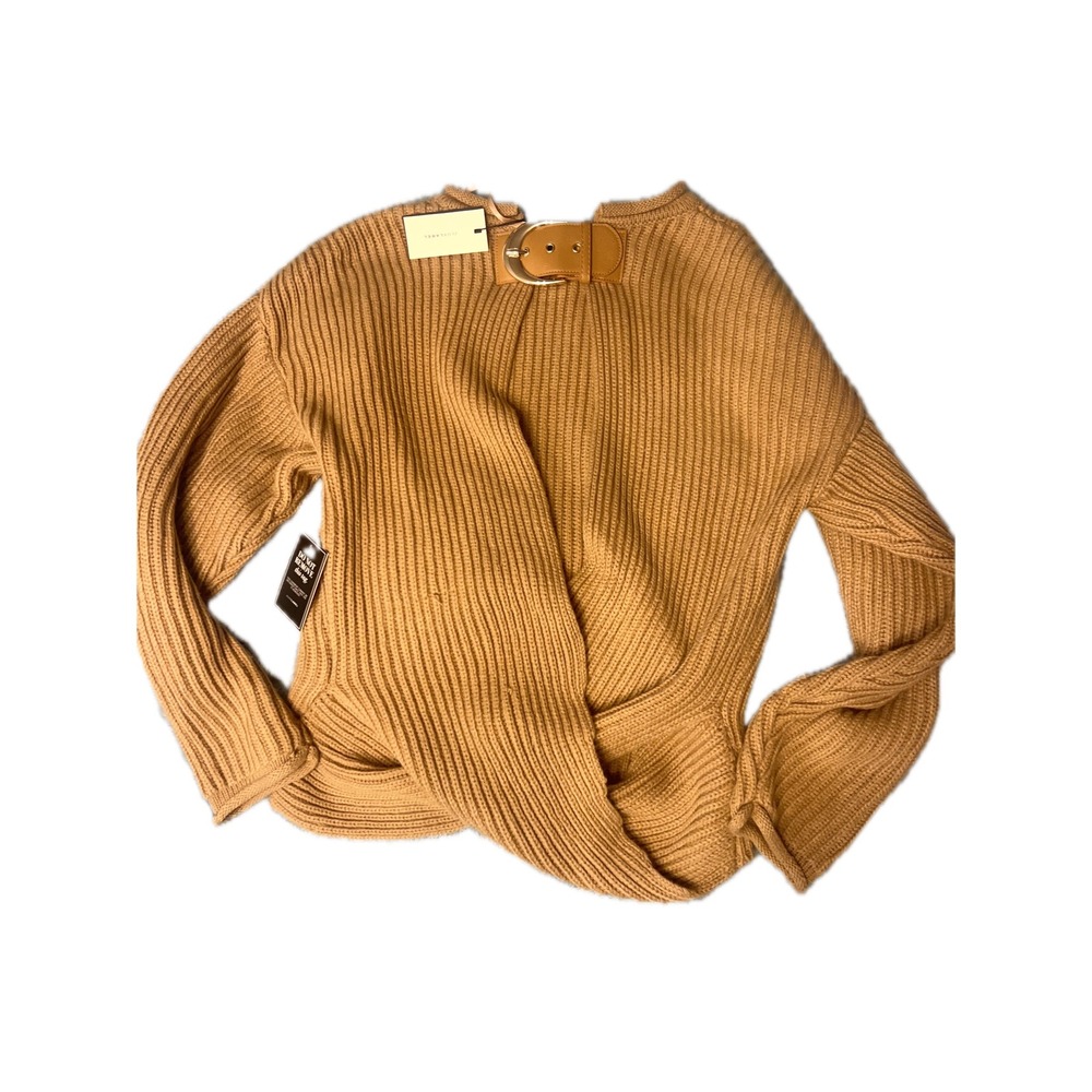 Tobi Wrap Front Ribbed Sweater Womens S Camel Tan NWT Buckle Back Detail‎